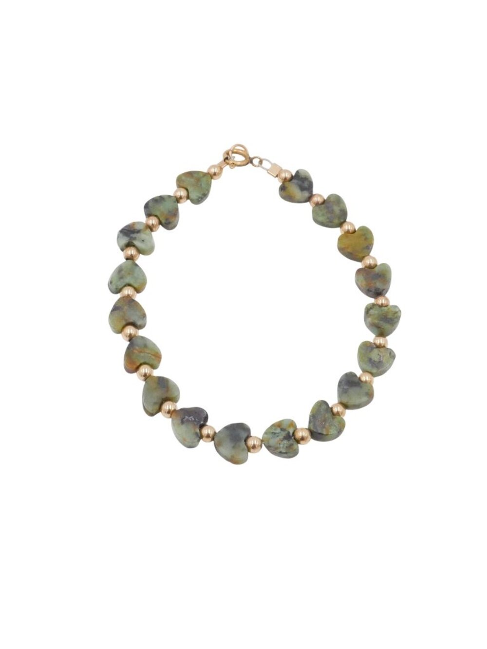 14K Gold Filled Unakite Heart Beaded Bracelet 6 Inches